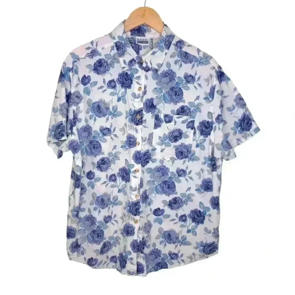 Basic Edition Floral Short Sleeve Button Down Floral Top Shirt Blue and white - Picture 1 of 12